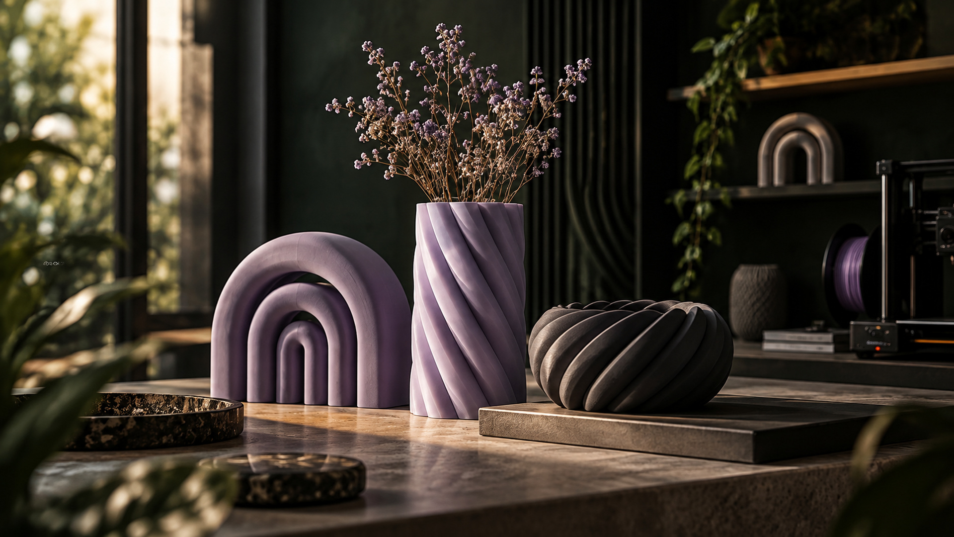DecoBros3d projesi için lila 3B baskı objelerinin yer aldığı stüdyo sahnesi