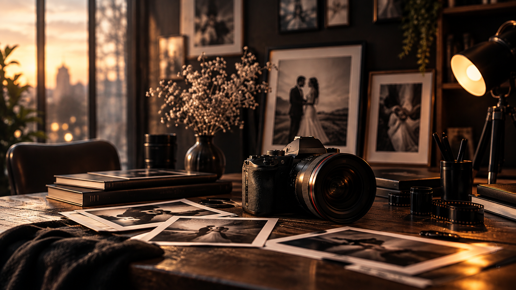 Stüdyo Soydemir projesi için kamera ve basılı düğün fotoğraflarının yer aldığı fotoğraf stüdyosu